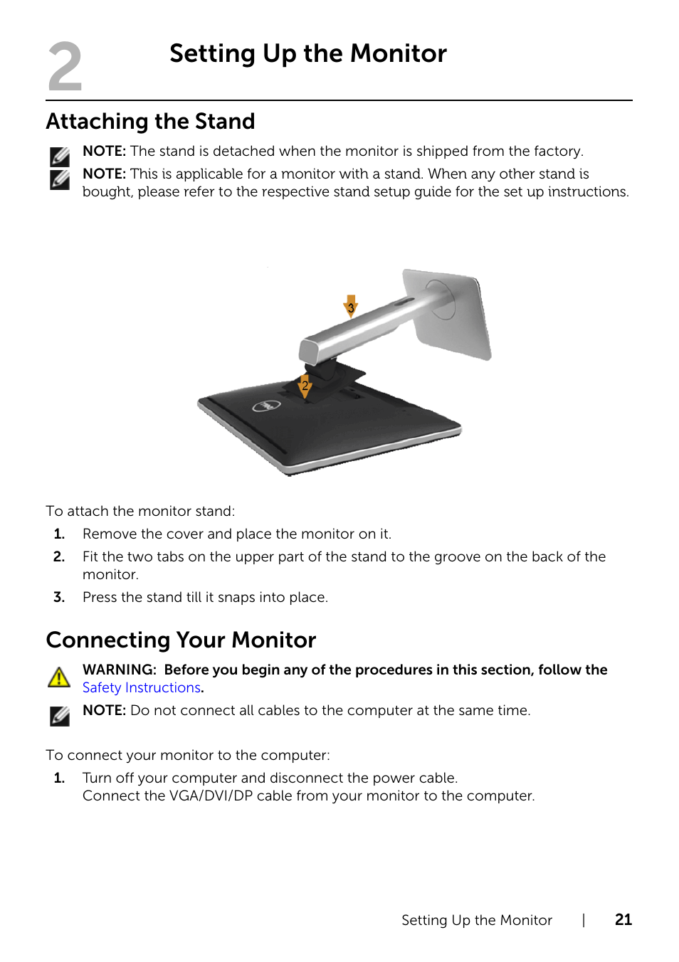 Setting up the monitor, Attaching the stand, Connecting your monitor | Dell P2214H Monitor User Manual | Page 21 / 54