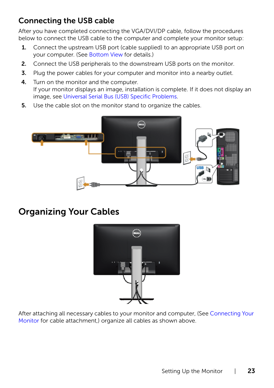 Organizing your cables, Connecting the usb cable | Dell P2214H Monitor User Manual | Page 23 / 54