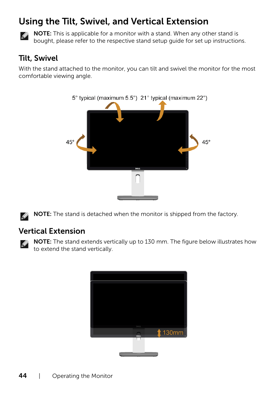 Using the tilt, swivel, and vertical extension, Tilt, swivel, Vertical extension | Dell P2214H Monitor User Manual | Page 44 / 54