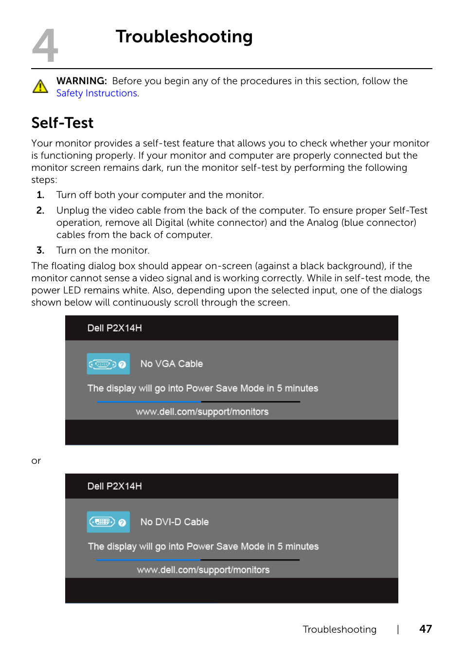 Troubleshooting, Self-test | Dell P2214H Monitor User Manual | Page 47 / 54