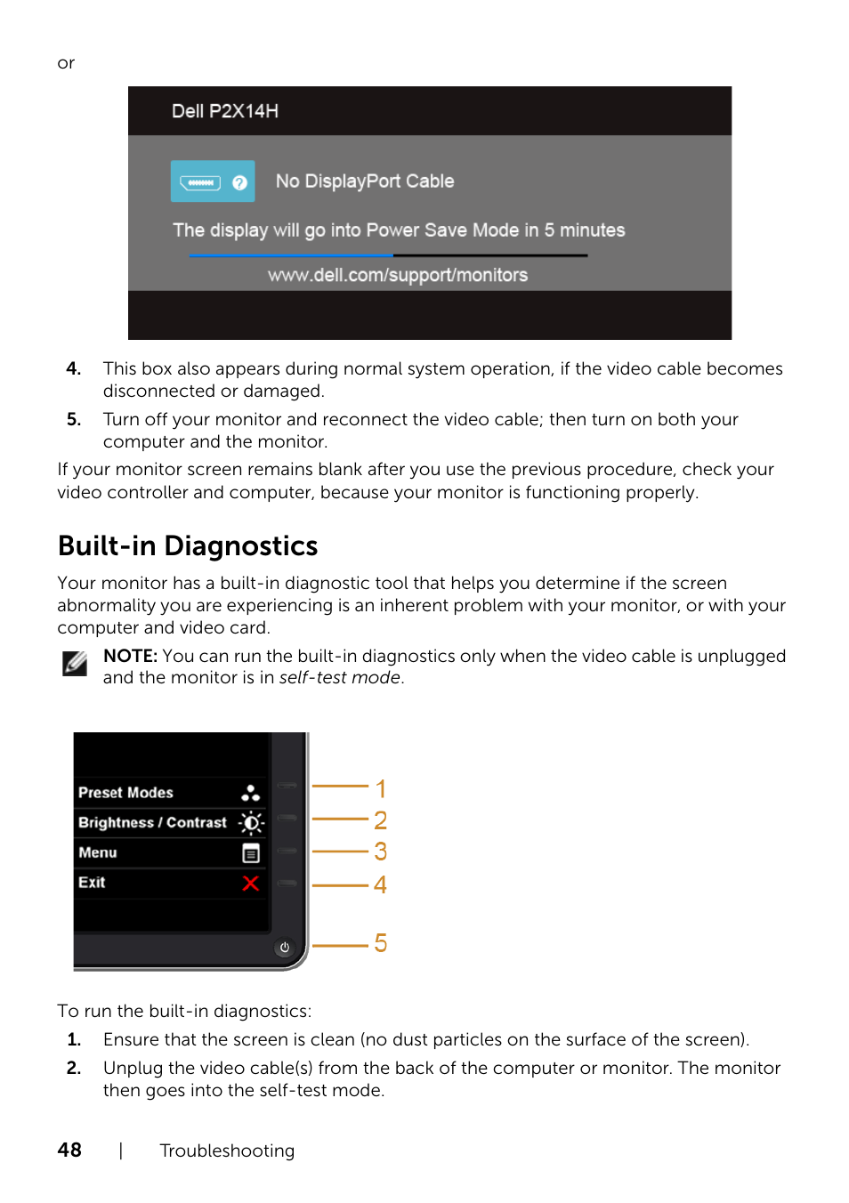 Built-in diagnostics | Dell P2214H Monitor User Manual | Page 48 / 54