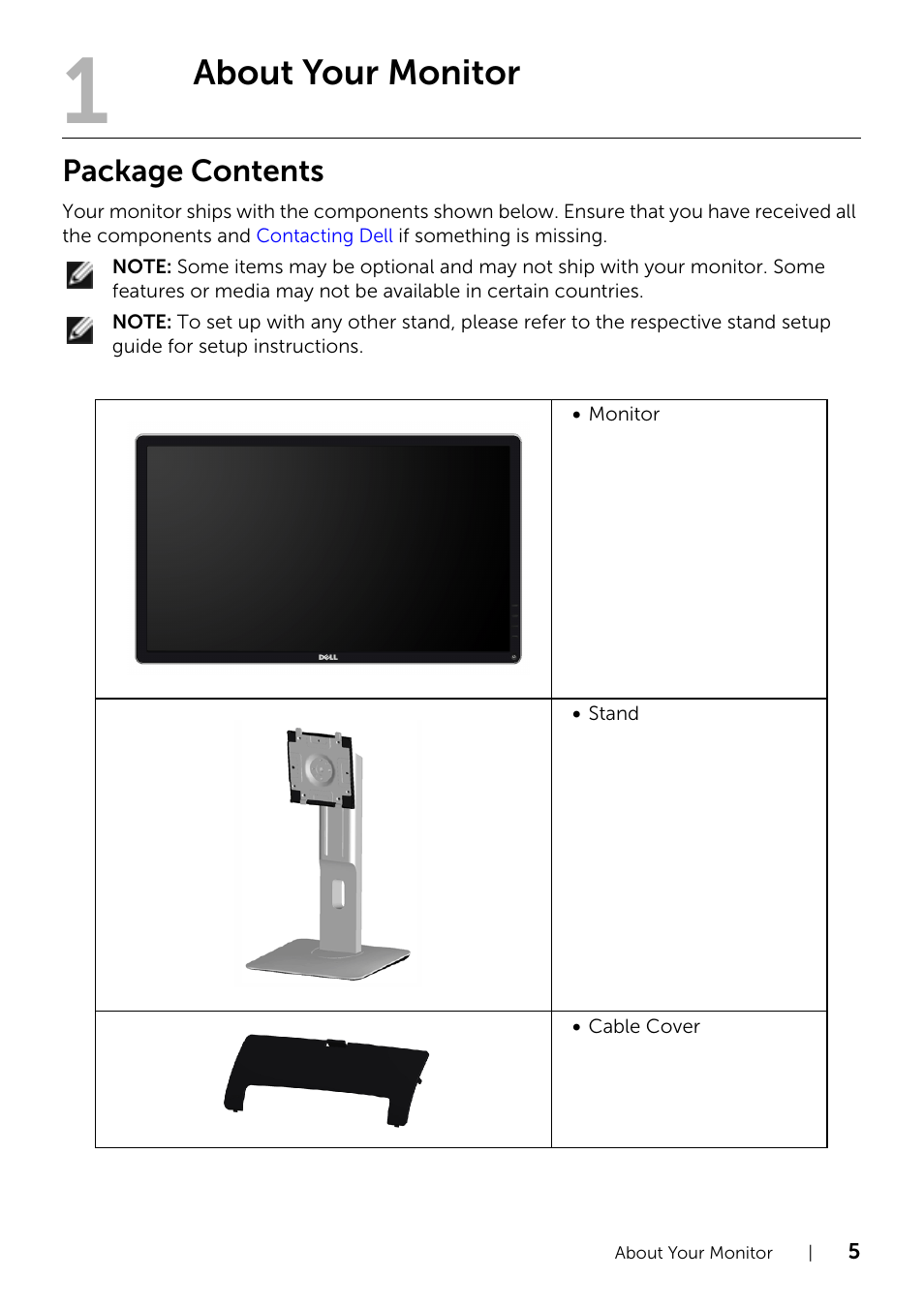 About your monitor, Package contents | Dell P2214H Monitor User Manual | Page 5 / 54