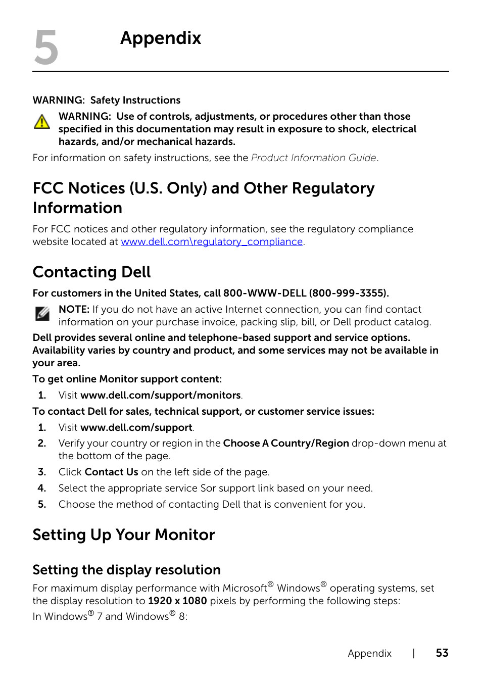 Appendix, Contacting dell, Setting up your monitor | Setting the display resolution | Dell P2214H Monitor User Manual | Page 53 / 54