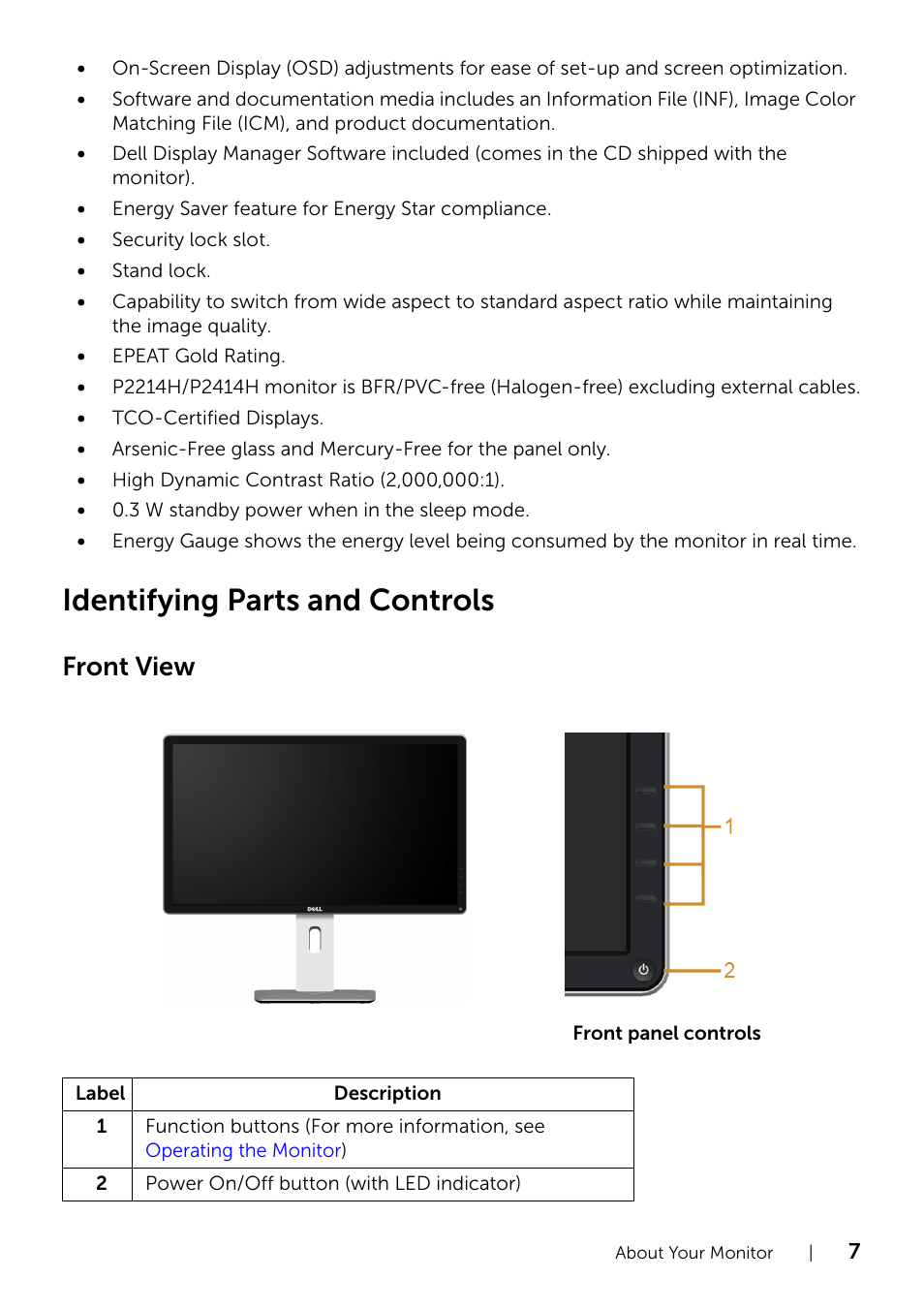 Identifying parts and controls, Front view | Dell P2214H Monitor User Manual | Page 7 / 54