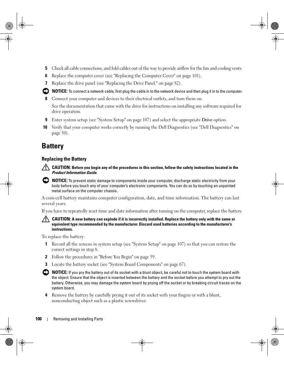 Battery, Replacing the battery | Dell Dimension 5150/E510 User Manual | Page 100 / 142