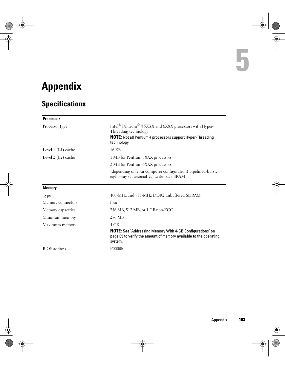 Appendix, Specifications | Dell Dimension 5150/E510 User Manual | Page 103 / 142