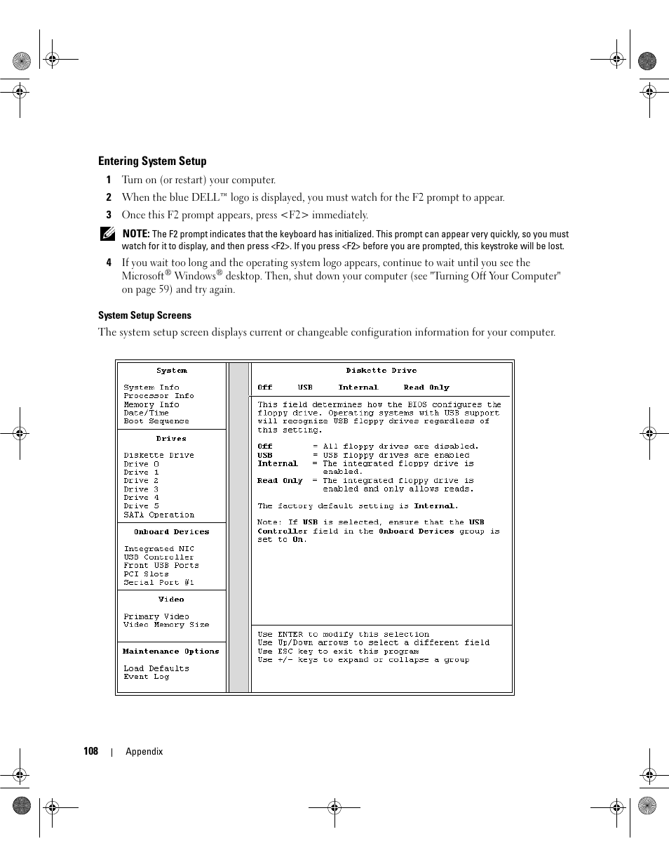 Entering system setup | Dell Dimension 5150/E510 User Manual | Page 108 / 142