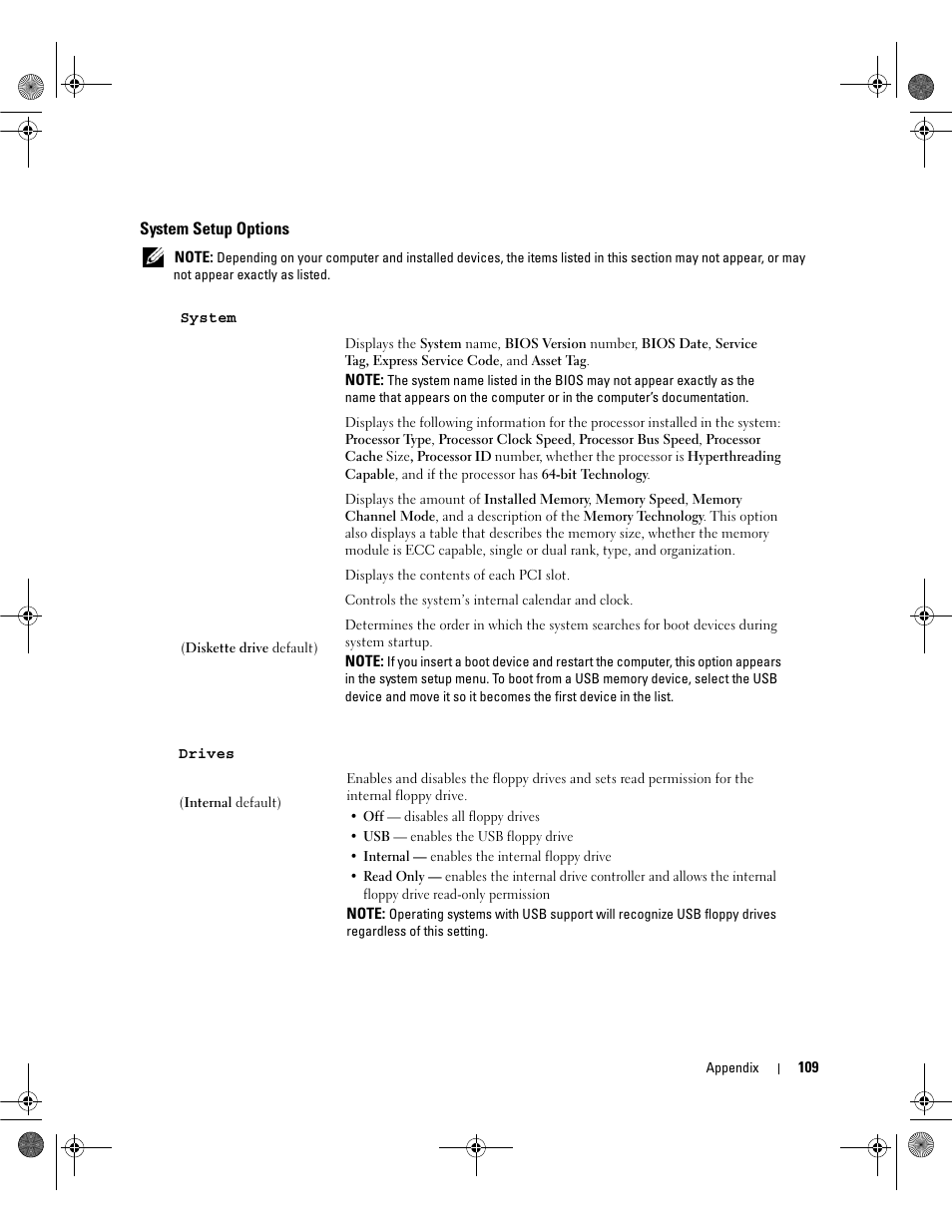 System setup options | Dell Dimension 5150/E510 User Manual | Page 109 / 142