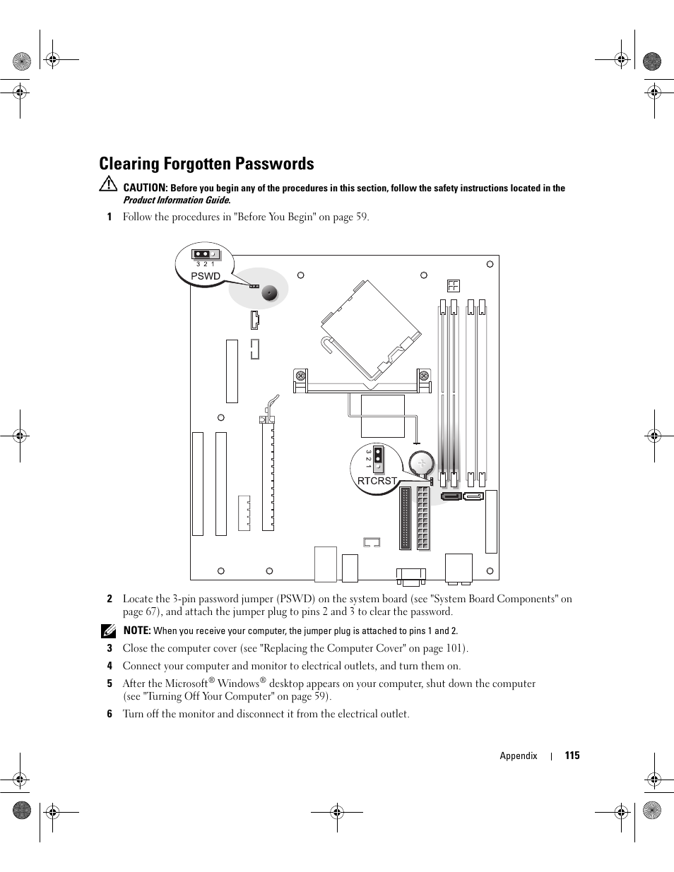 Clearing forgotten passwords | Dell Dimension 5150/E510 User Manual | Page 115 / 142
