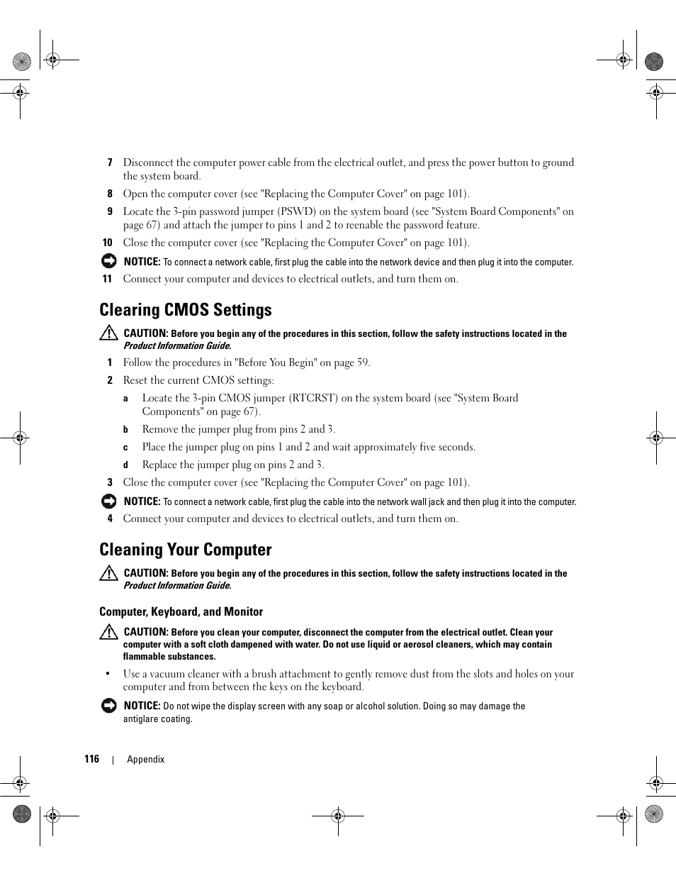 Clearing cmos settings, Cleaning your computer, Computer, keyboard, and monitor | Dell Dimension 5150/E510 User Manual | Page 116 / 142