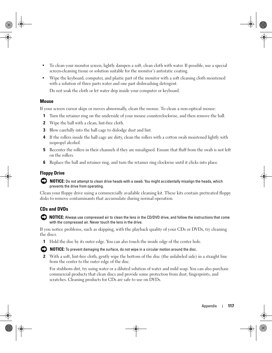 Mouse, Floppy drive, Cds and dvds | Dell Dimension 5150/E510 User Manual | Page 117 / 142