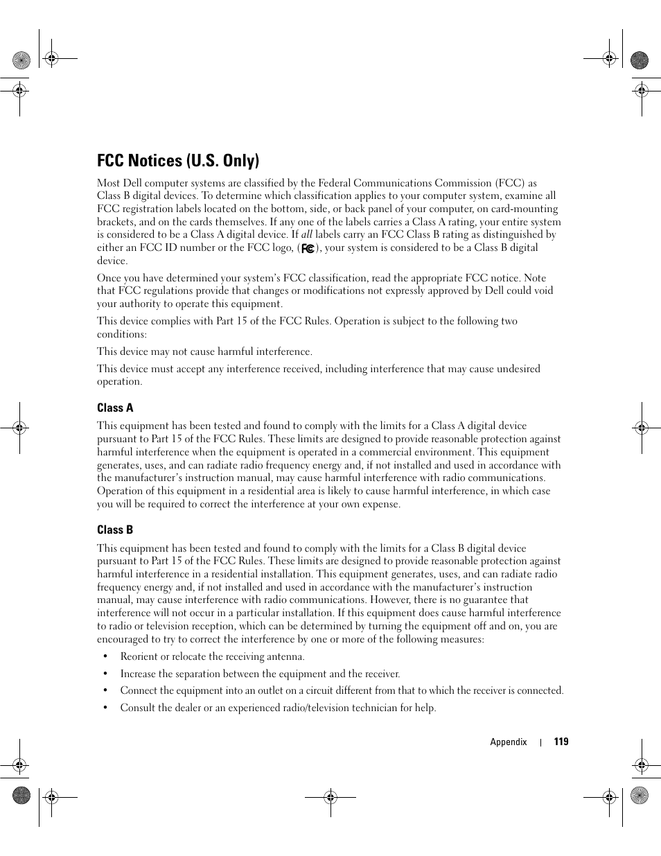 Fcc notices (u.s. only), Class a, Class b | Dell Dimension 5150/E510 User Manual | Page 119 / 142