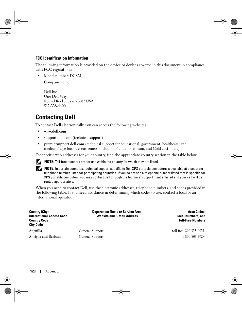 Fcc identification information, Contacting dell | Dell Dimension 5150/E510 User Manual | Page 120 / 142