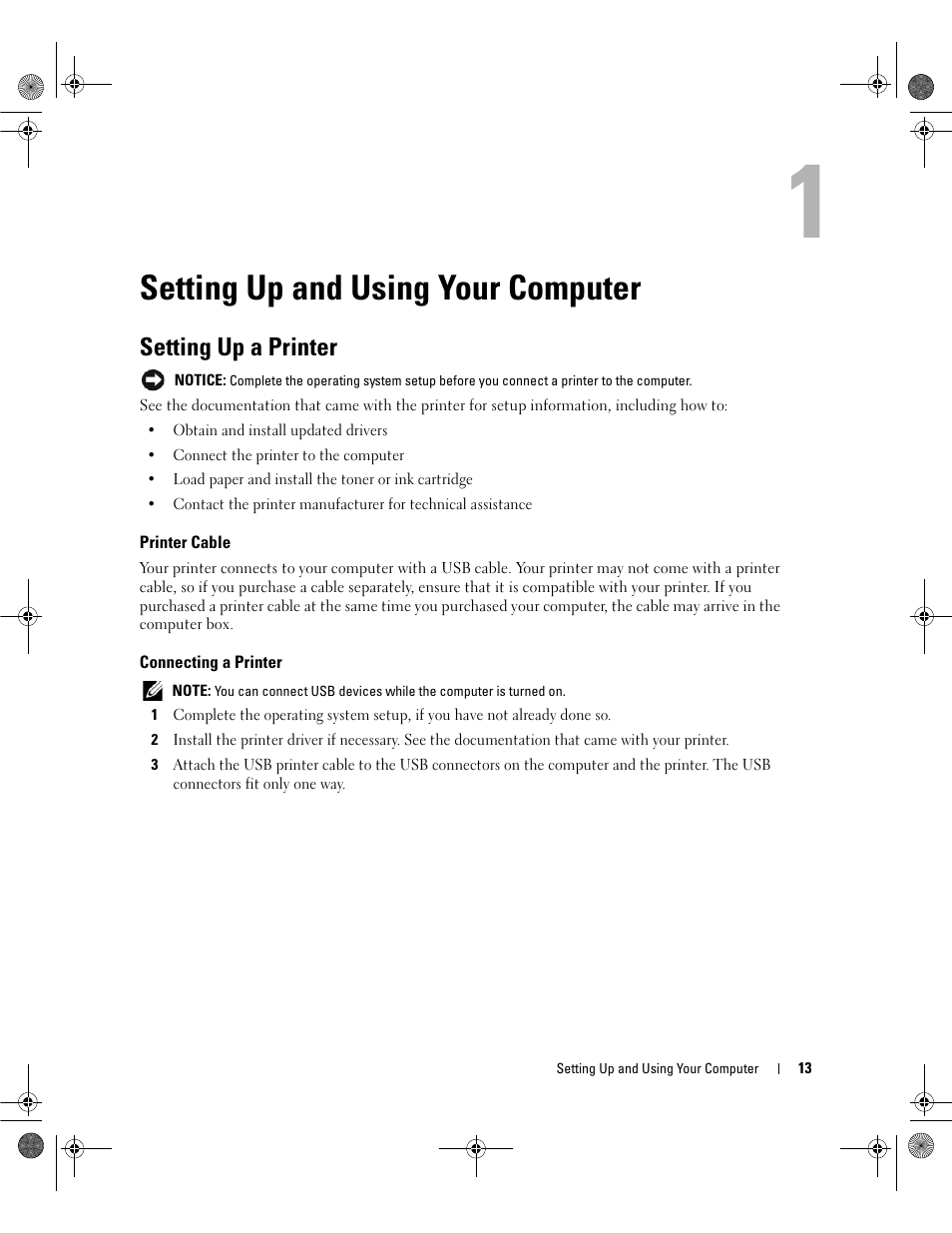 Setting up and using your computer, Setting up a printer, Printer cable | Connecting a printer | Dell Dimension 5150/E510 User Manual | Page 13 / 142