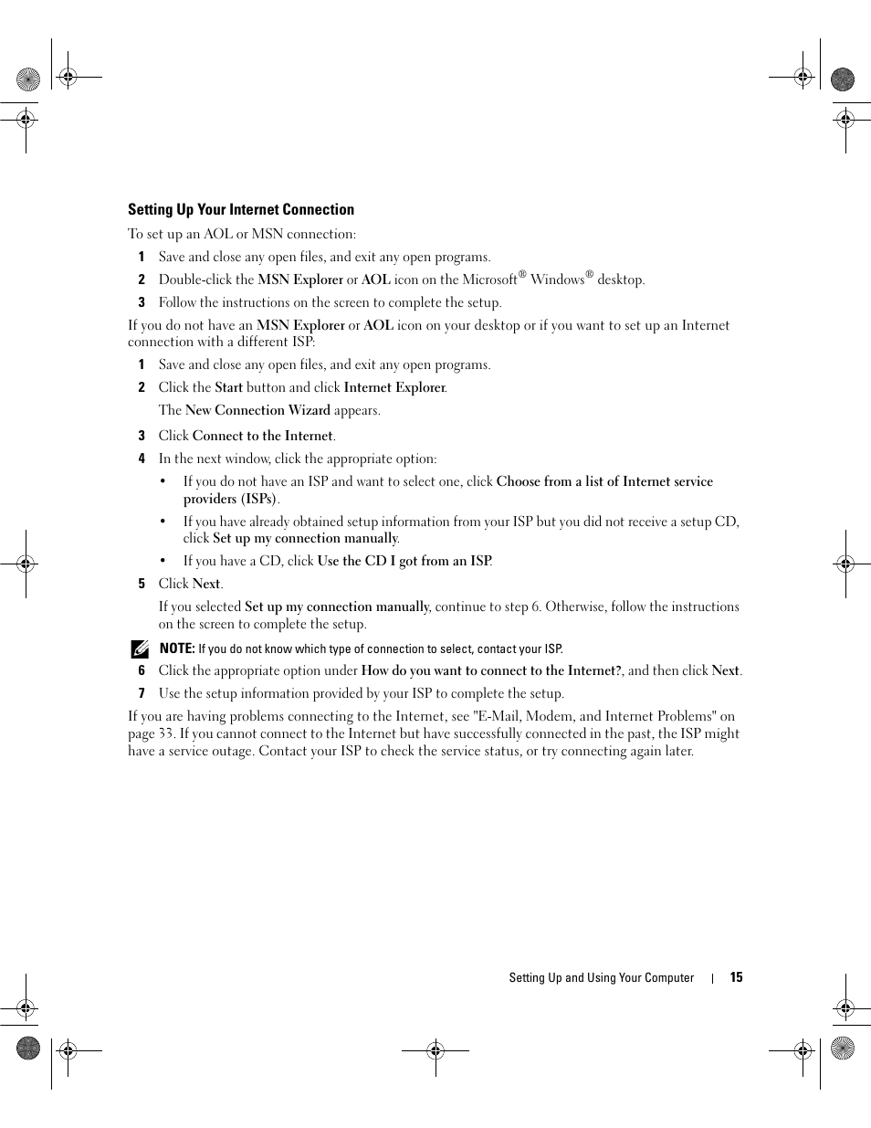 Setting up your internet connection | Dell Dimension 5150/E510 User Manual | Page 15 / 142