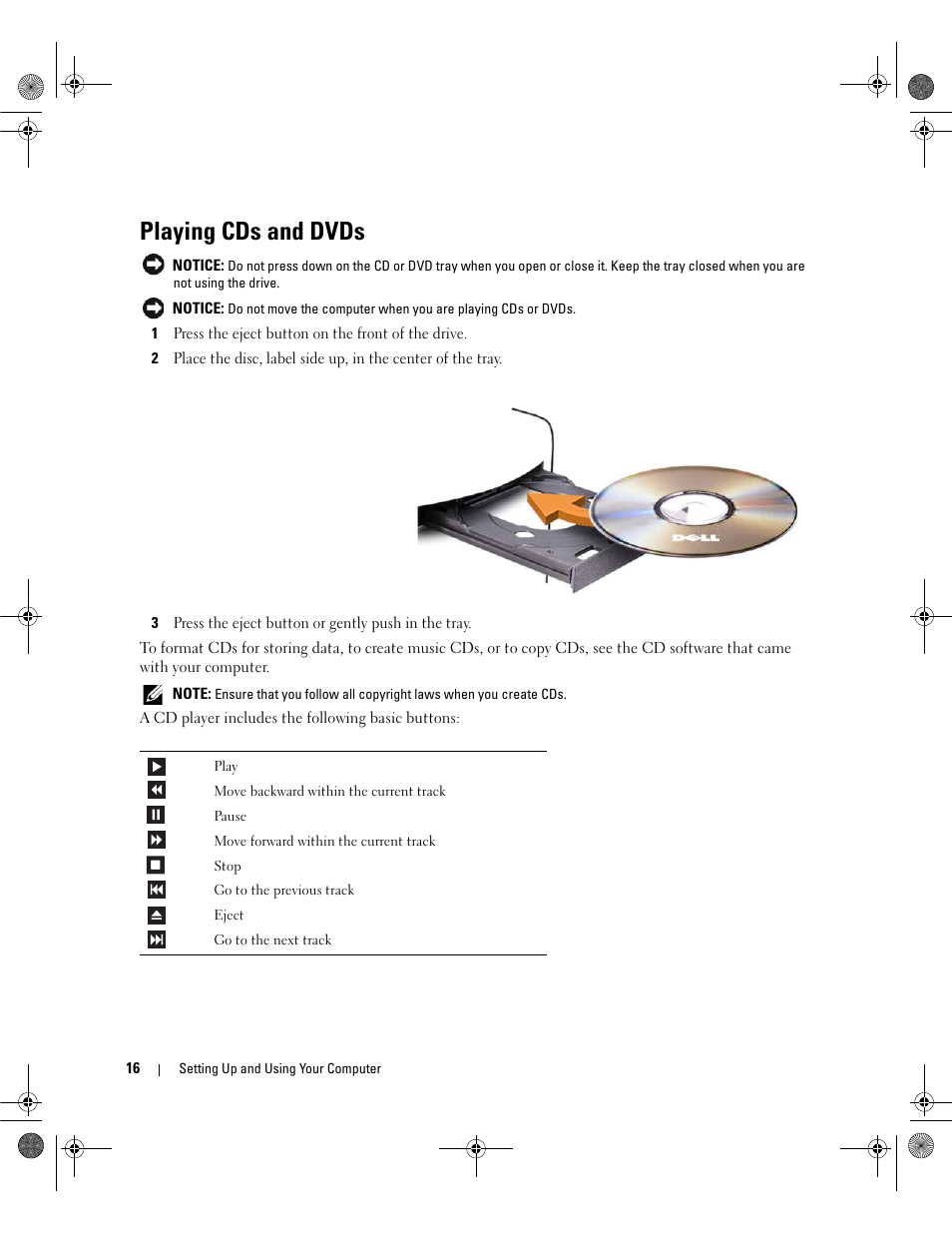 Playing cds and dvds | Dell Dimension 5150/E510 User Manual | Page 16 / 142