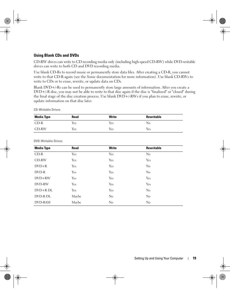 Using blank cds and dvds | Dell Dimension 5150/E510 User Manual | Page 19 / 142