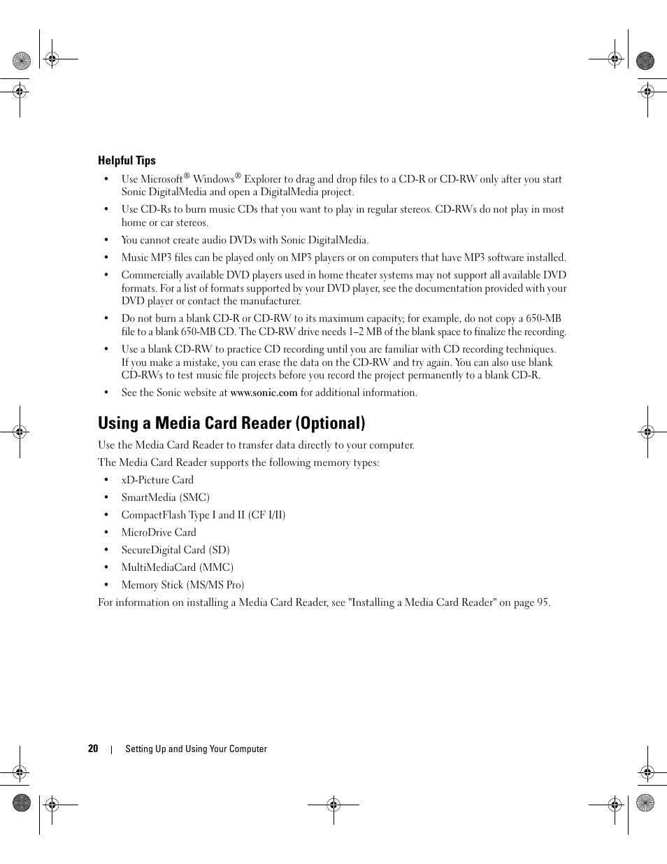 Helpful tips, Using a media card reader (optional) | Dell Dimension 5150/E510 User Manual | Page 20 / 142