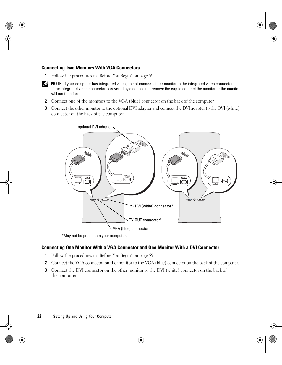 Connecting two monitors with vga connectors | Dell Dimension 5150/E510 User Manual | Page 22 / 142