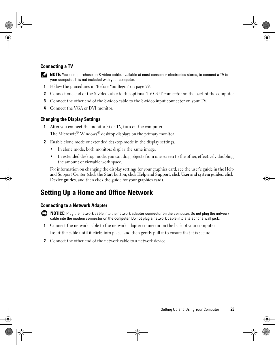 Connecting a tv, Changing the display settings, Setting up a home and office network | Connecting to a network adapter | Dell Dimension 5150/E510 User Manual | Page 23 / 142