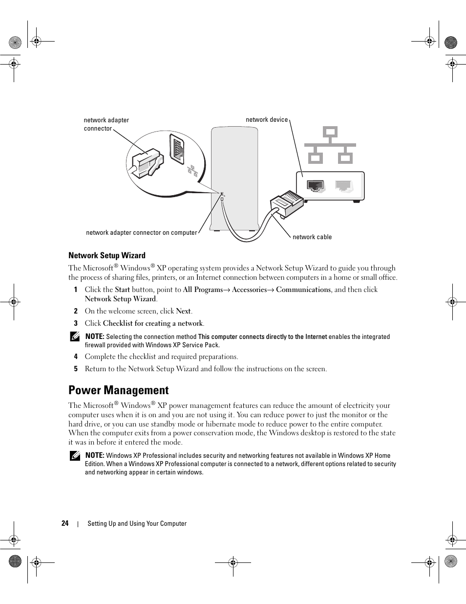 Network setup wizard, Power management | Dell Dimension 5150/E510 User Manual | Page 24 / 142