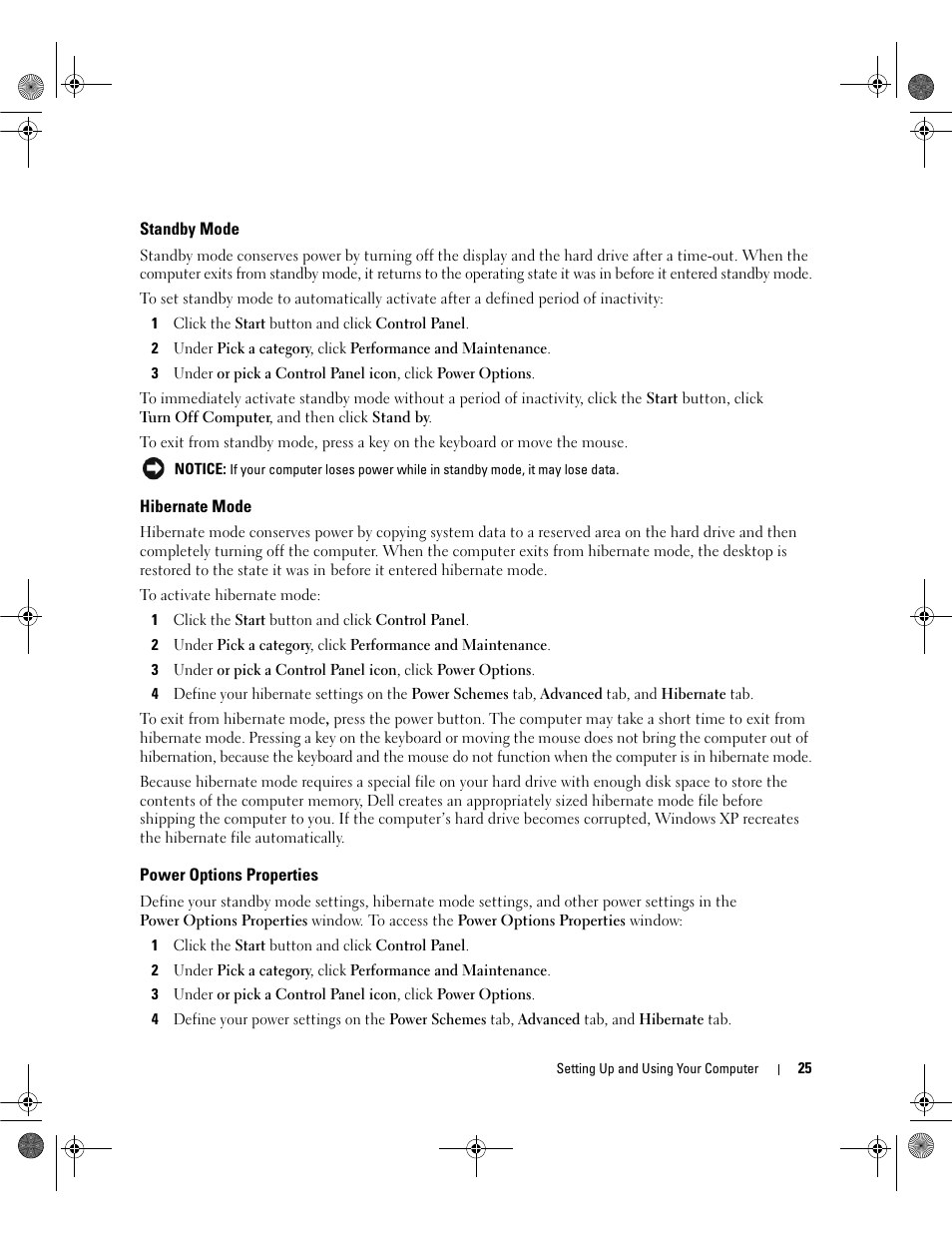 Standby mode, Hibernate mode, Power options properties | Dell Dimension 5150/E510 User Manual | Page 25 / 142