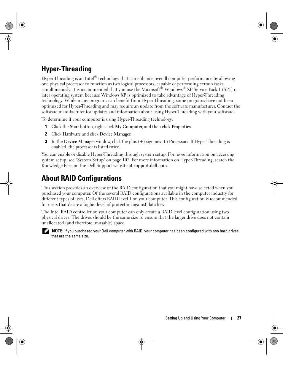 Hyper-threading, About raid configurations | Dell Dimension 5150/E510 User Manual | Page 27 / 142