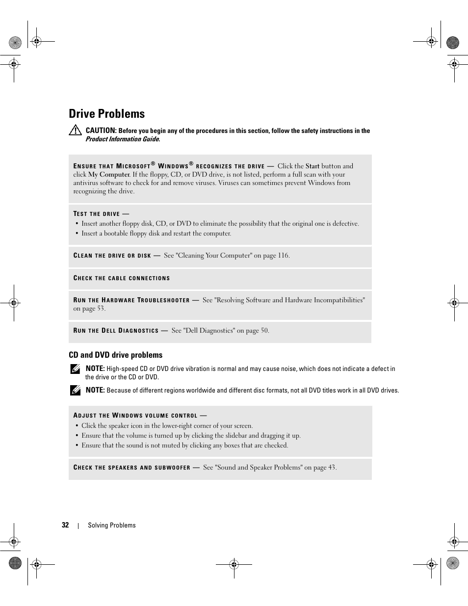 Drive problems, Cd and dvd drive problems | Dell Dimension 5150/E510 User Manual | Page 32 / 142