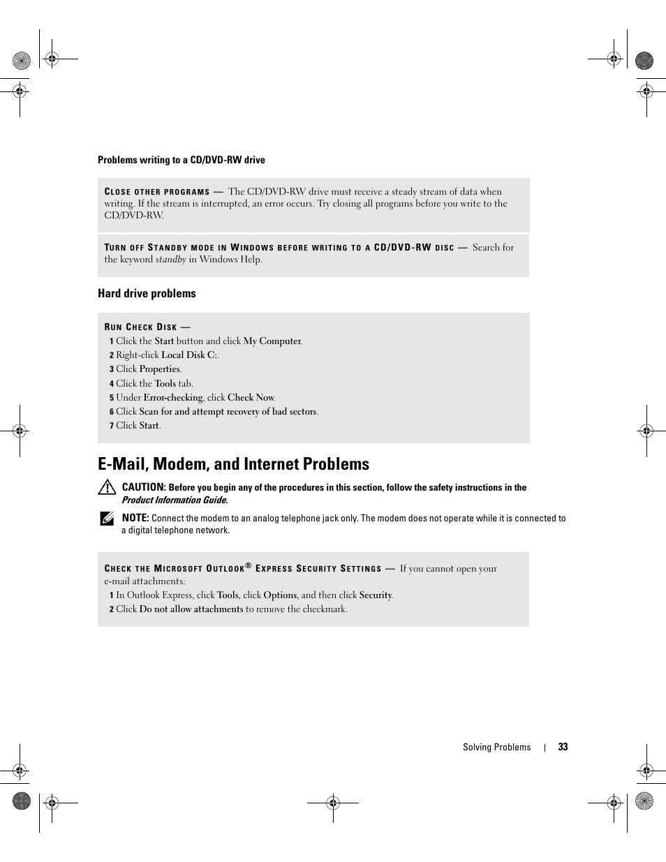 Hard drive problems, E-mail, modem, and internet problems | Dell Dimension 5150/E510 User Manual | Page 33 / 142