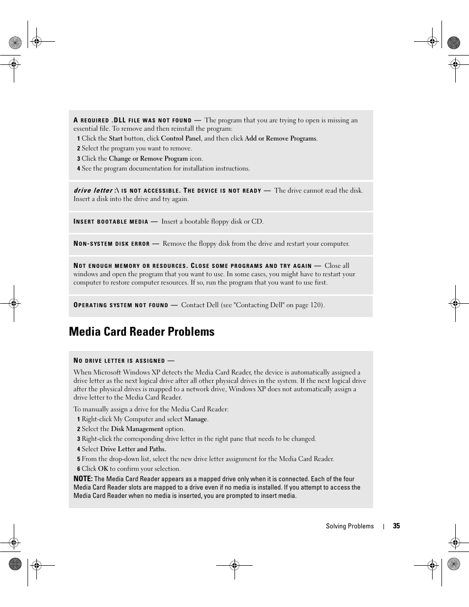 Media card reader problems | Dell Dimension 5150/E510 User Manual | Page 35 / 142