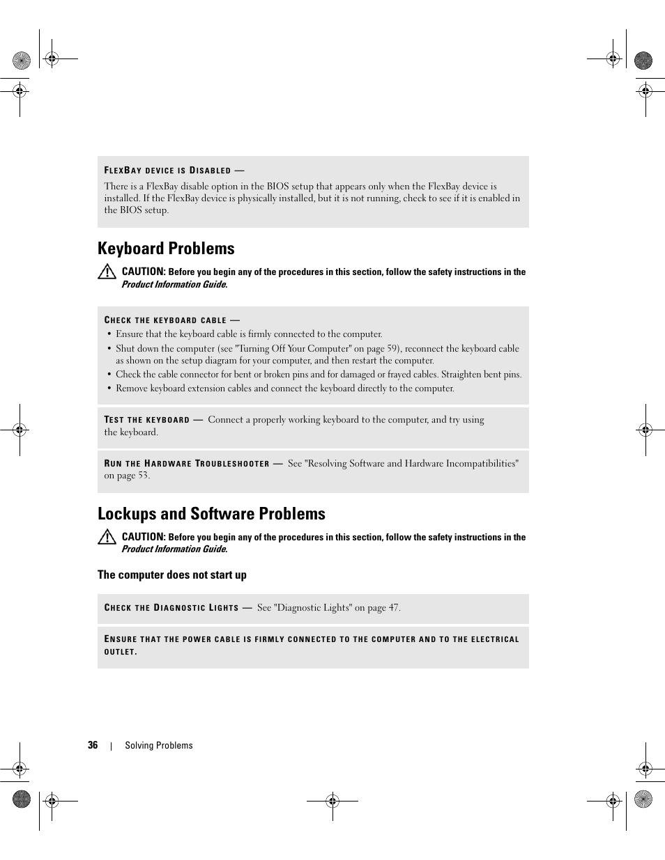 Keyboard problems, Lockups and software problems, The computer does not start up | When you insert the telephone li, Ering machine, fax machine, surge, Protector, or line splitter, Communicating with windows | Dell Dimension 5150/E510 User Manual | Page 36 / 142