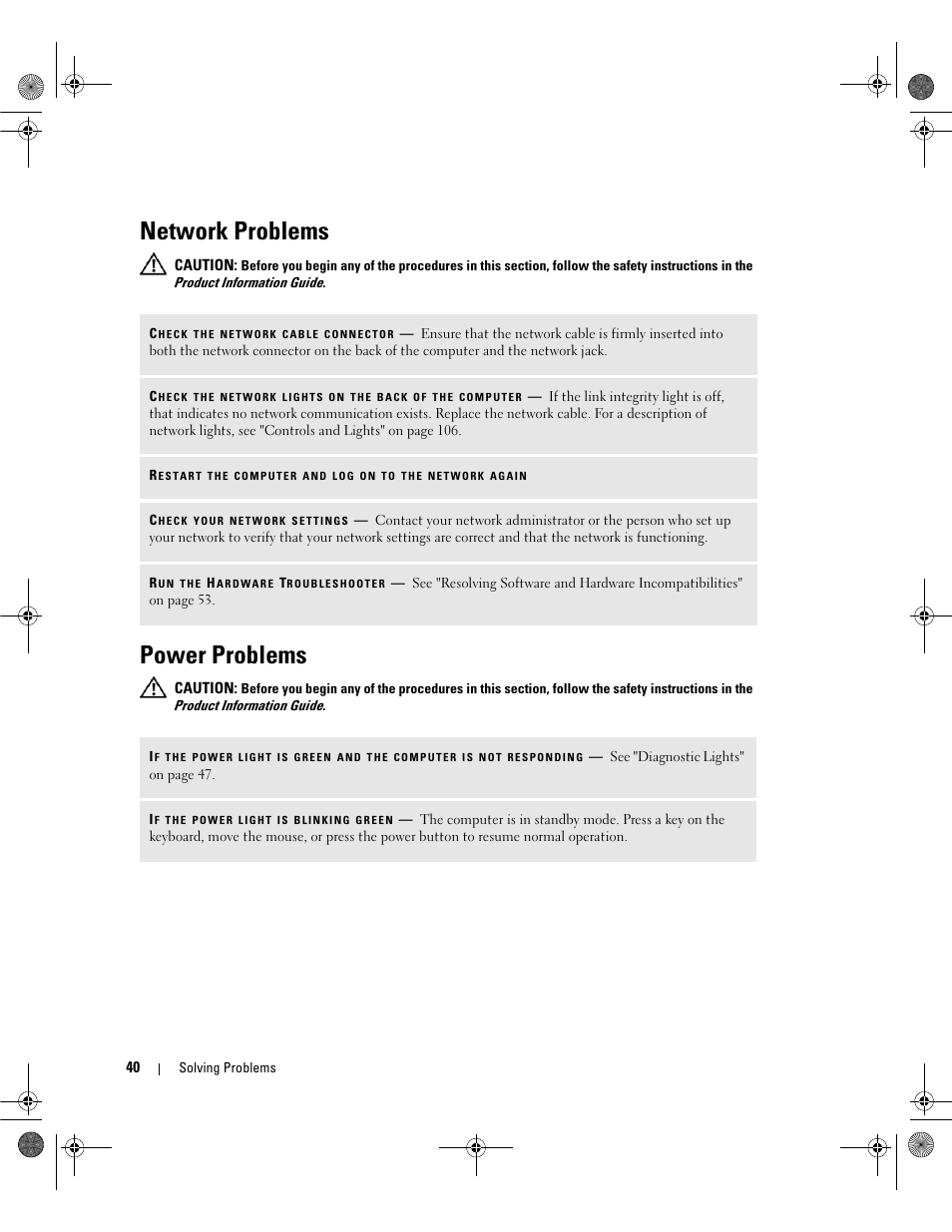 Network problems, Power problems | Dell Dimension 5150/E510 User Manual | Page 40 / 142