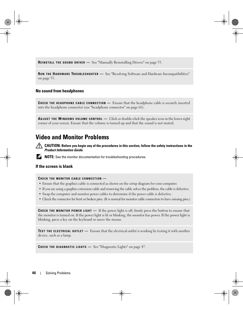 No sound from headphones, Video and monitor problems, If the screen is blank | Dell Dimension 5150/E510 User Manual | Page 44 / 142