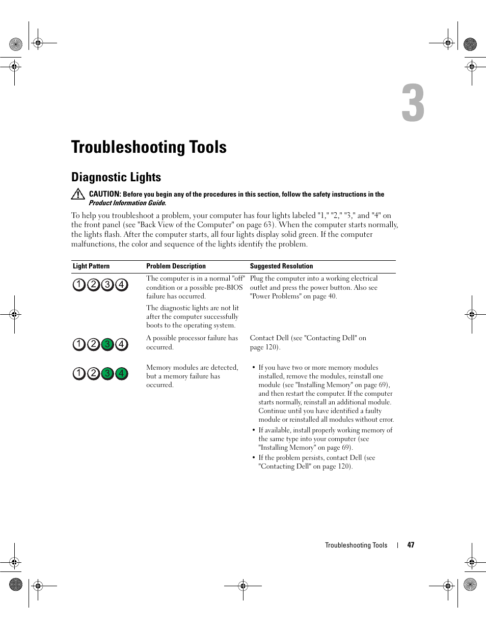 Troubleshooting tools, Diagnostic lights, See "diagnostic lights | Dell Dimension 5150/E510 User Manual | Page 47 / 142