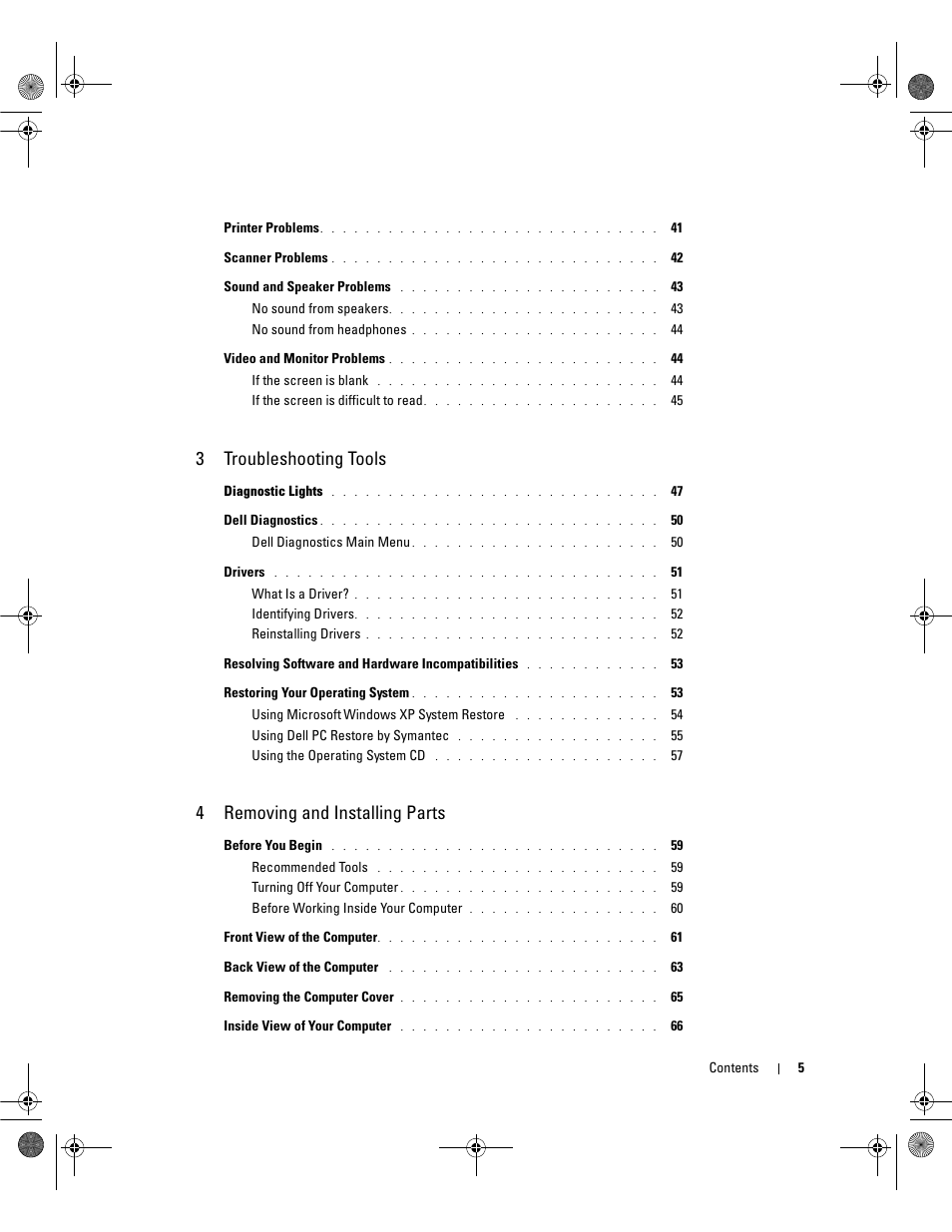 3troubleshooting tools, 4removing and installing parts | Dell Dimension 5150/E510 User Manual | Page 5 / 142