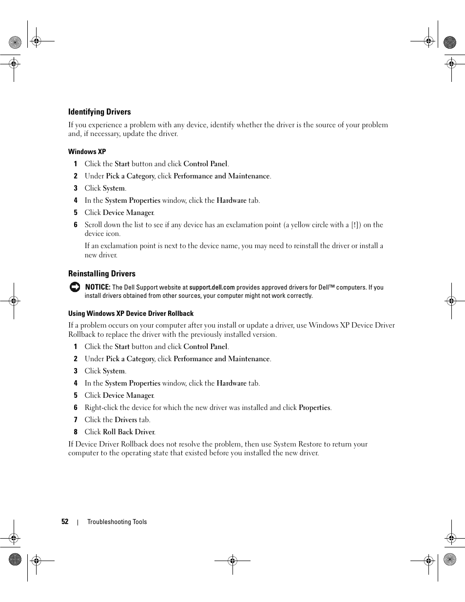 Identifying drivers, Reinstalling drivers | Dell Dimension 5150/E510 User Manual | Page 52 / 142