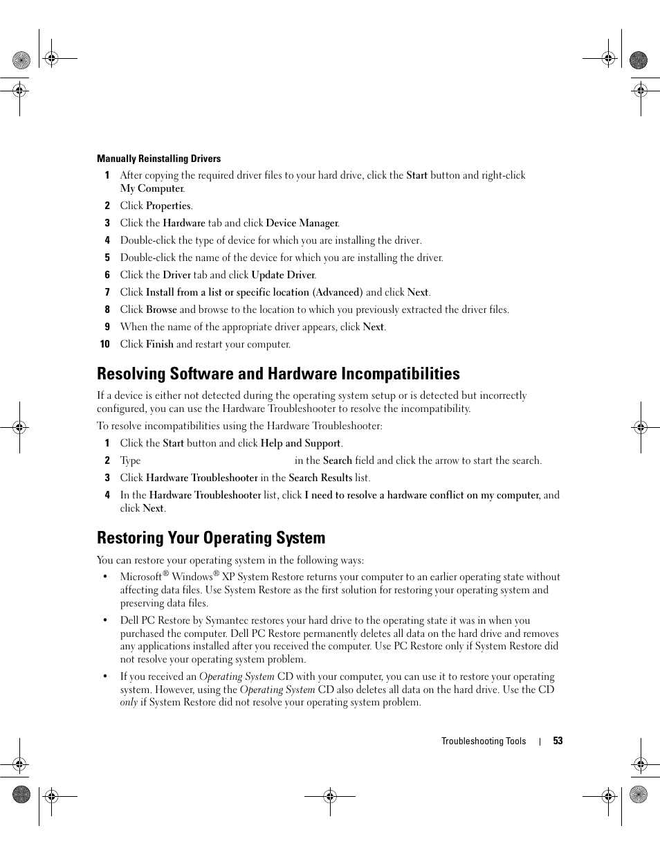 Resolving software and hardware incompatibilities, Restoring your operating system | Dell Dimension 5150/E510 User Manual | Page 53 / 142