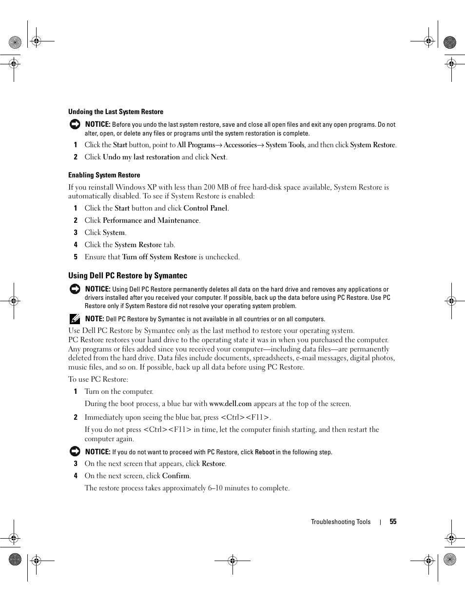 Using dell pc restore by symantec | Dell Dimension 5150/E510 User Manual | Page 55 / 142