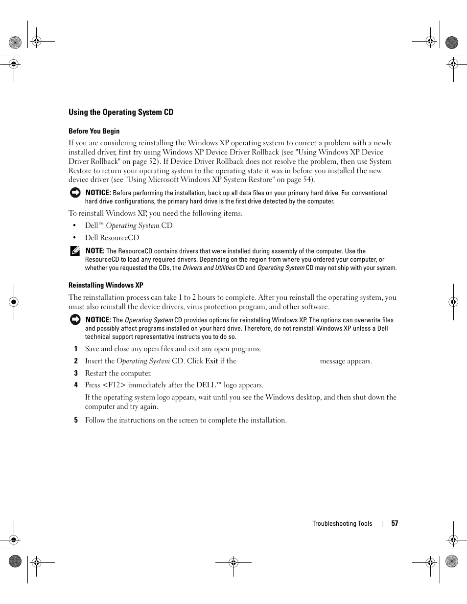 Using the operating system cd | Dell Dimension 5150/E510 User Manual | Page 57 / 142