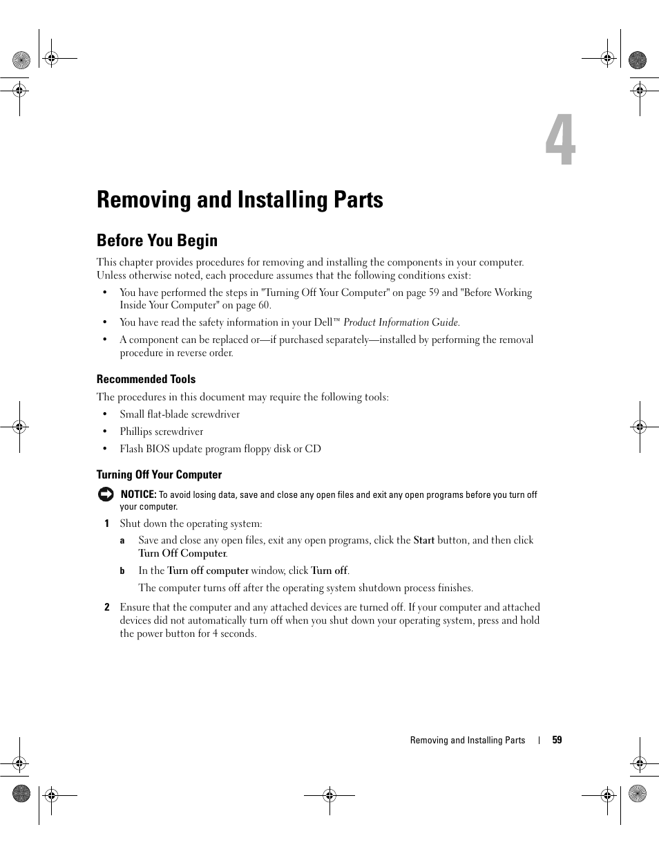 Removing and installing parts, Before you begin, Recommended tools | Turning off your computer, Er (see "turning off your computer" on | Dell Dimension 5150/E510 User Manual | Page 59 / 142