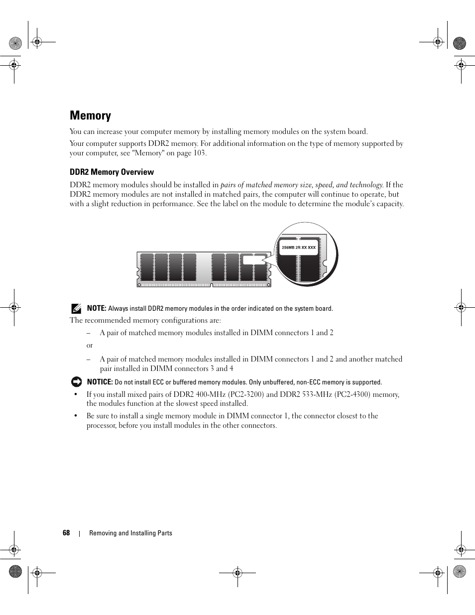 Memory, Ddr2 memory overview | Dell Dimension 5150/E510 User Manual | Page 68 / 142