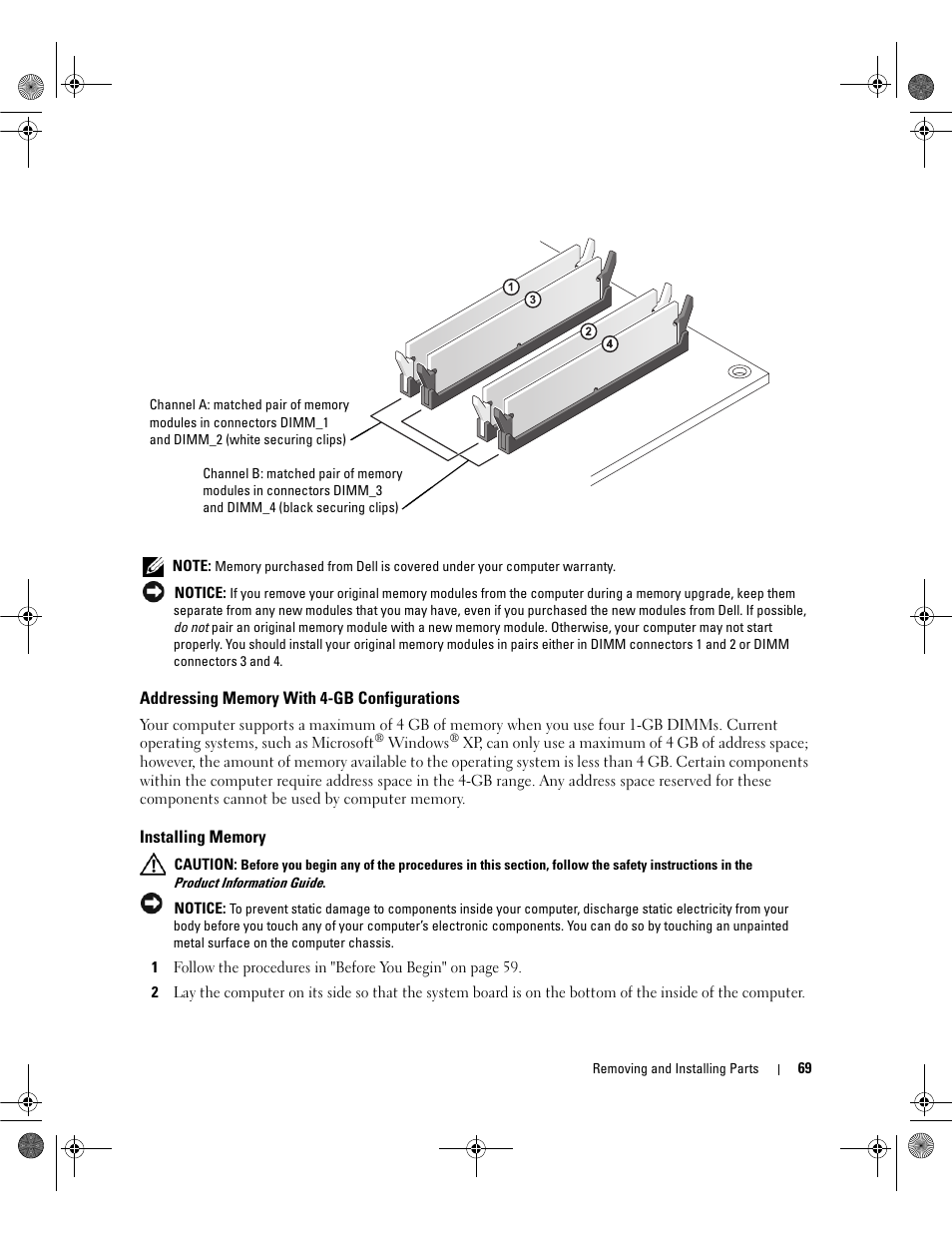 Addressing memory with 4-gb configurations, Installing memory | Dell Dimension 5150/E510 User Manual | Page 69 / 142