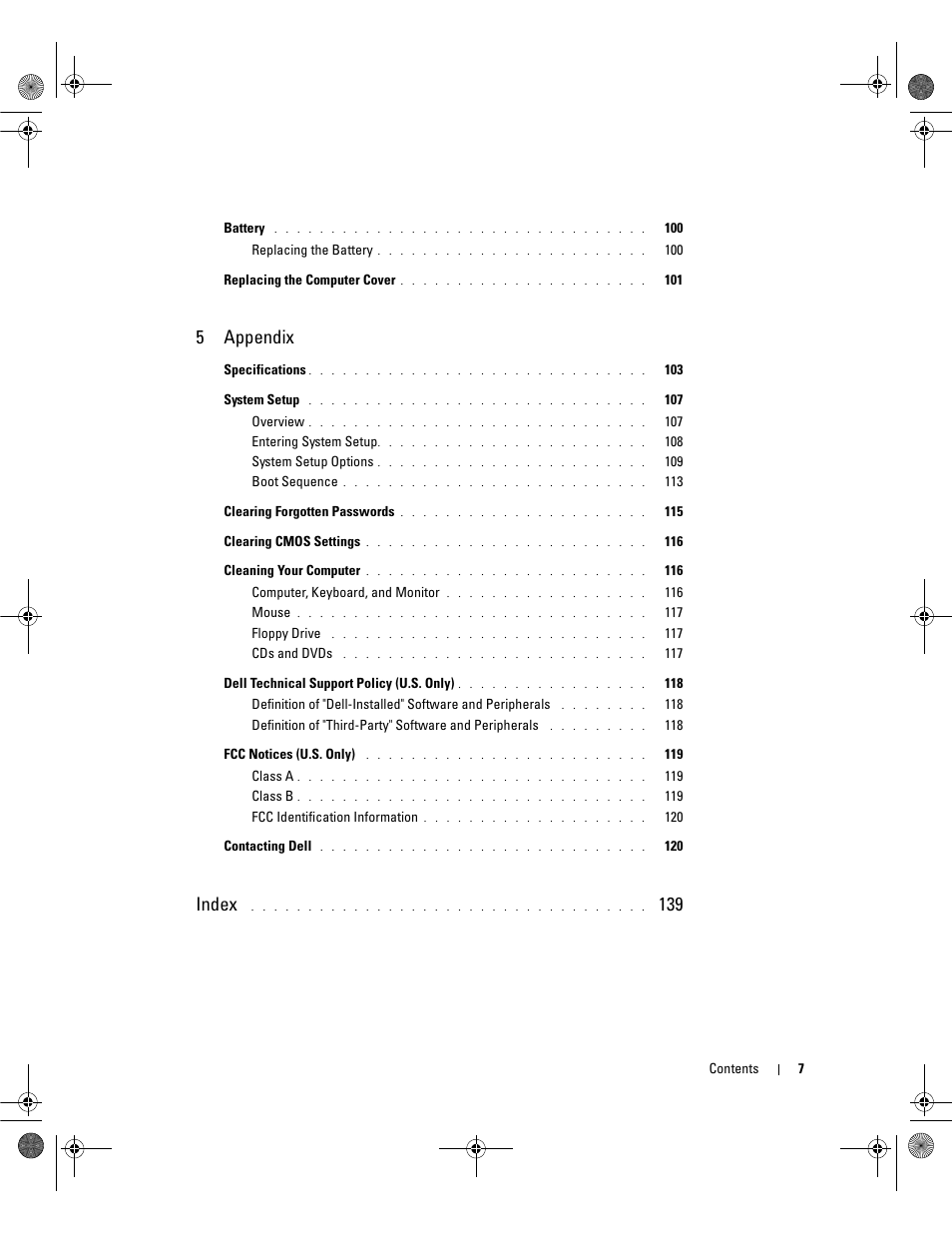 5appendix, Index | Dell Dimension 5150/E510 User Manual | Page 7 / 142