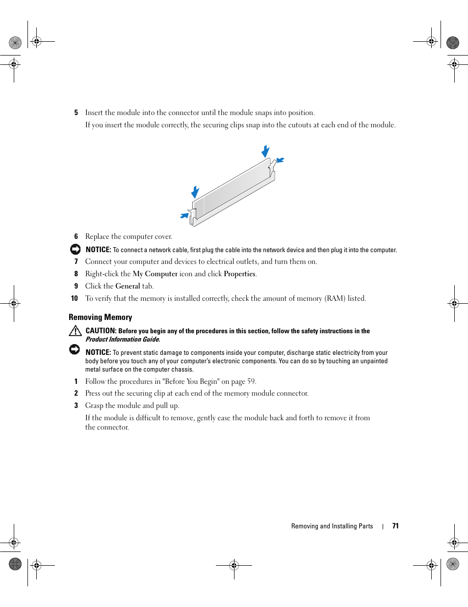 Removing memory | Dell Dimension 5150/E510 User Manual | Page 71 / 142