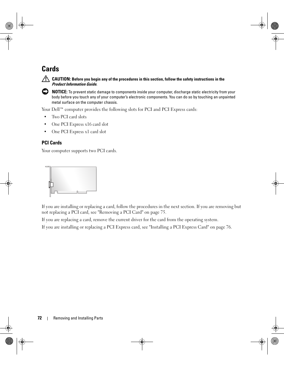 Cards, Pci cards | Dell Dimension 5150/E510 User Manual | Page 72 / 142