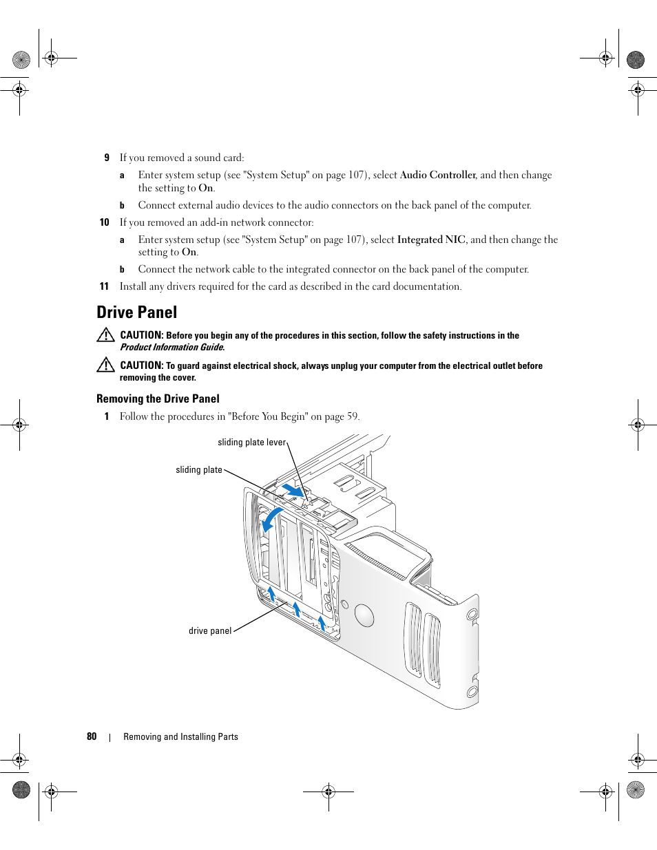 Drive panel, Removing the drive panel | Dell Dimension 5150/E510 User Manual | Page 80 / 142