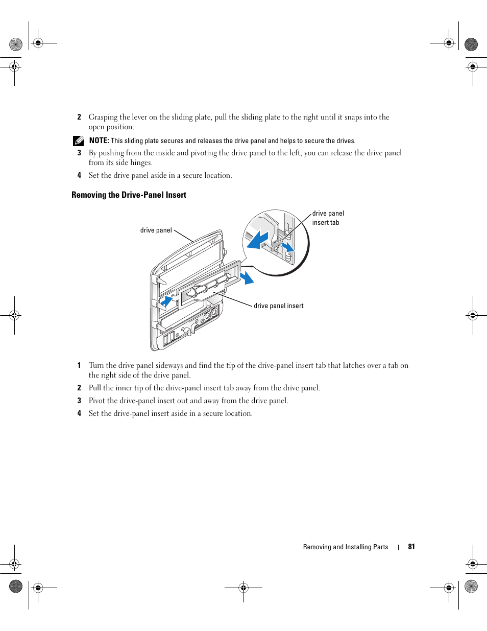 Removing the drive-panel insert | Dell Dimension 5150/E510 User Manual | Page 81 / 142