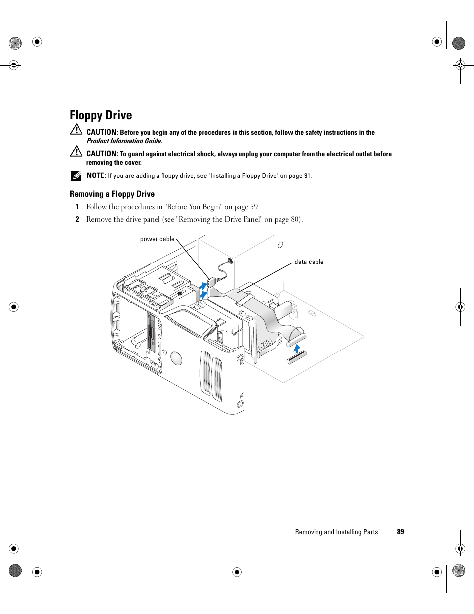 Floppy drive, Removing a floppy drive | Dell Dimension 5150/E510 User Manual | Page 89 / 142