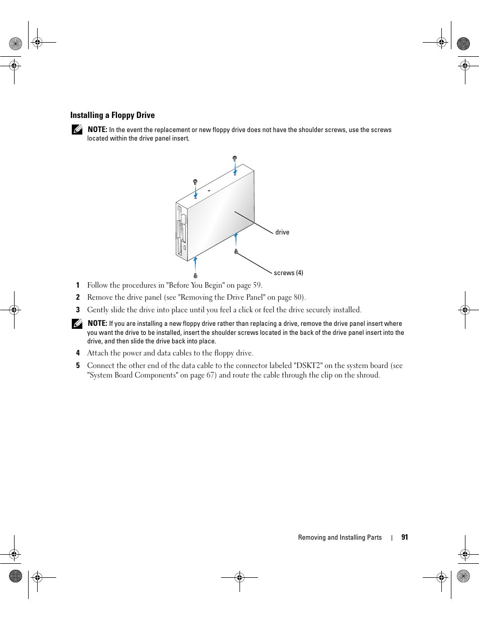 Installing a floppy drive | Dell Dimension 5150/E510 User Manual | Page 91 / 142