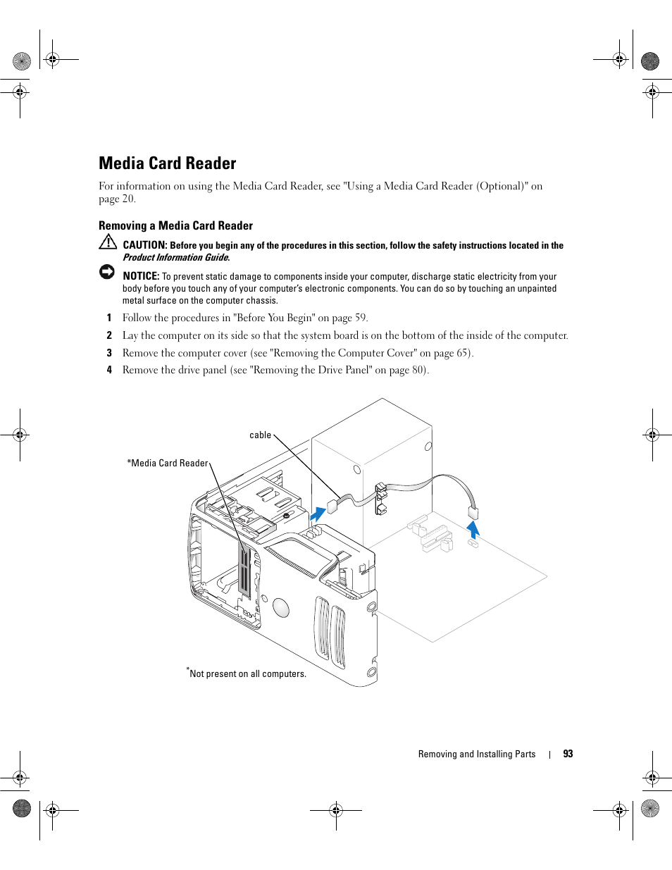 Media card reader, Removing a media card reader | Dell Dimension 5150/E510 User Manual | Page 93 / 142